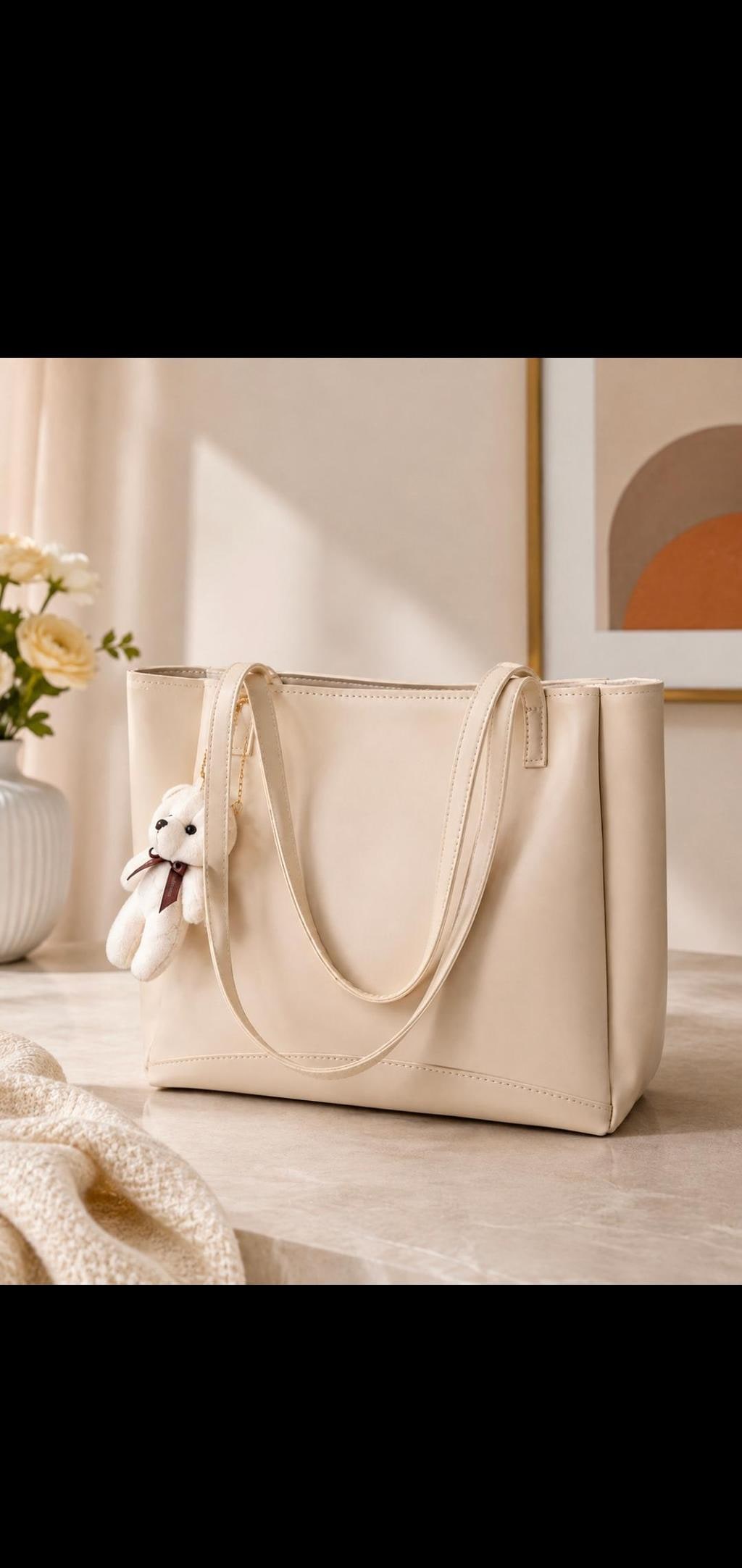 Beige PU Tote Bag With Teddy Charm
