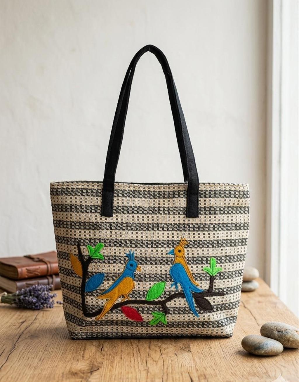 Bird Embroidered Jute Tote Bag with Zip