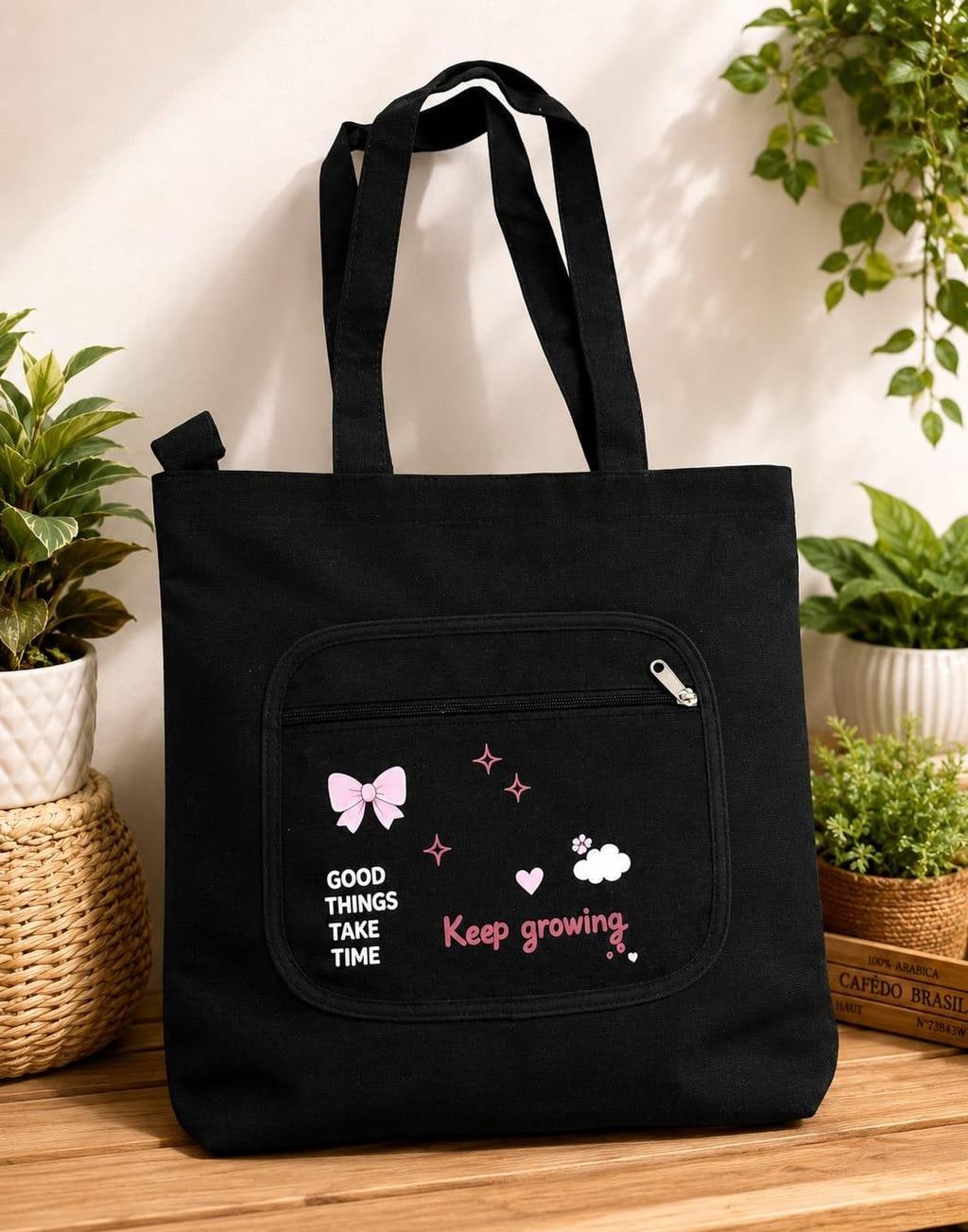 Black Butterfly Print Canvas Tote Bag