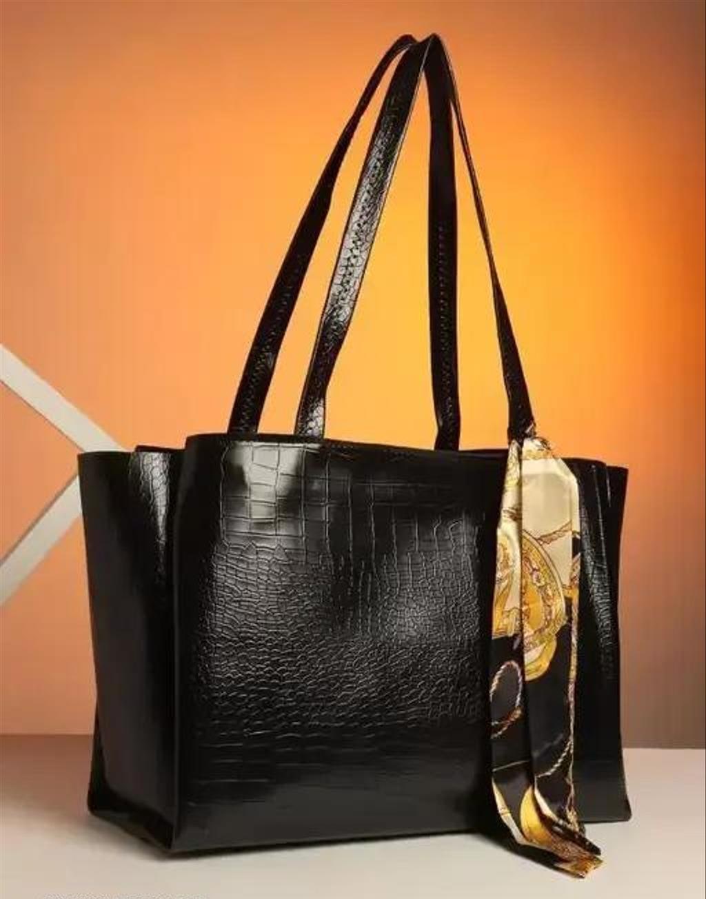 Black Croc-Texture Tote Bag With Detachable Scarf