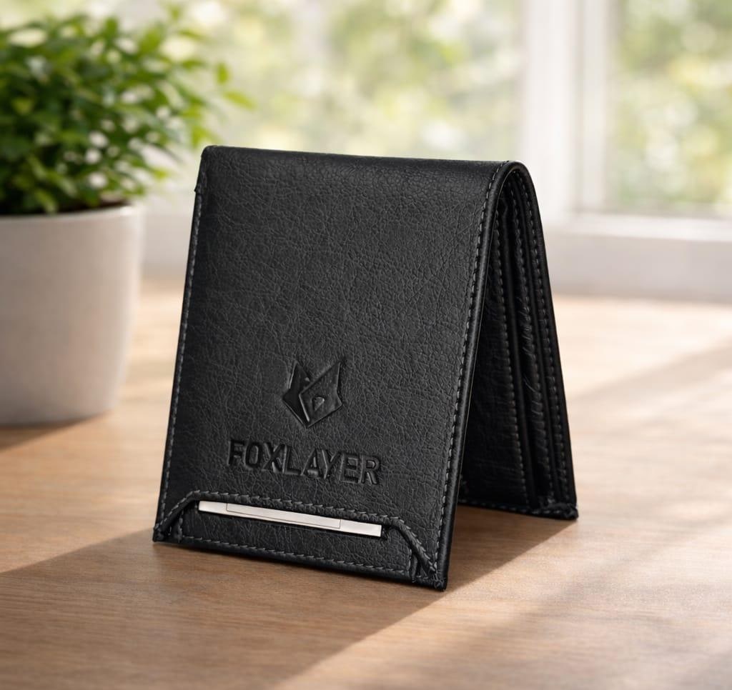 Black Faux Leather Bi-Fold Wallet, 8 Card Slots
