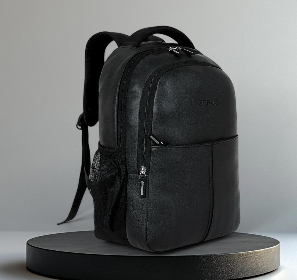 Black Faux Leather College Laptop Backpack