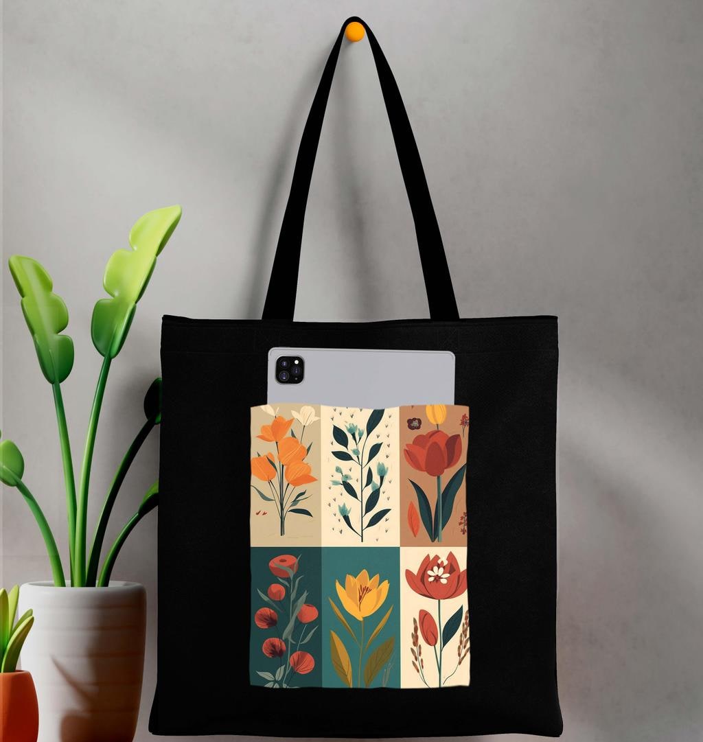 Black Flower Art Canvas Tote with Pocket