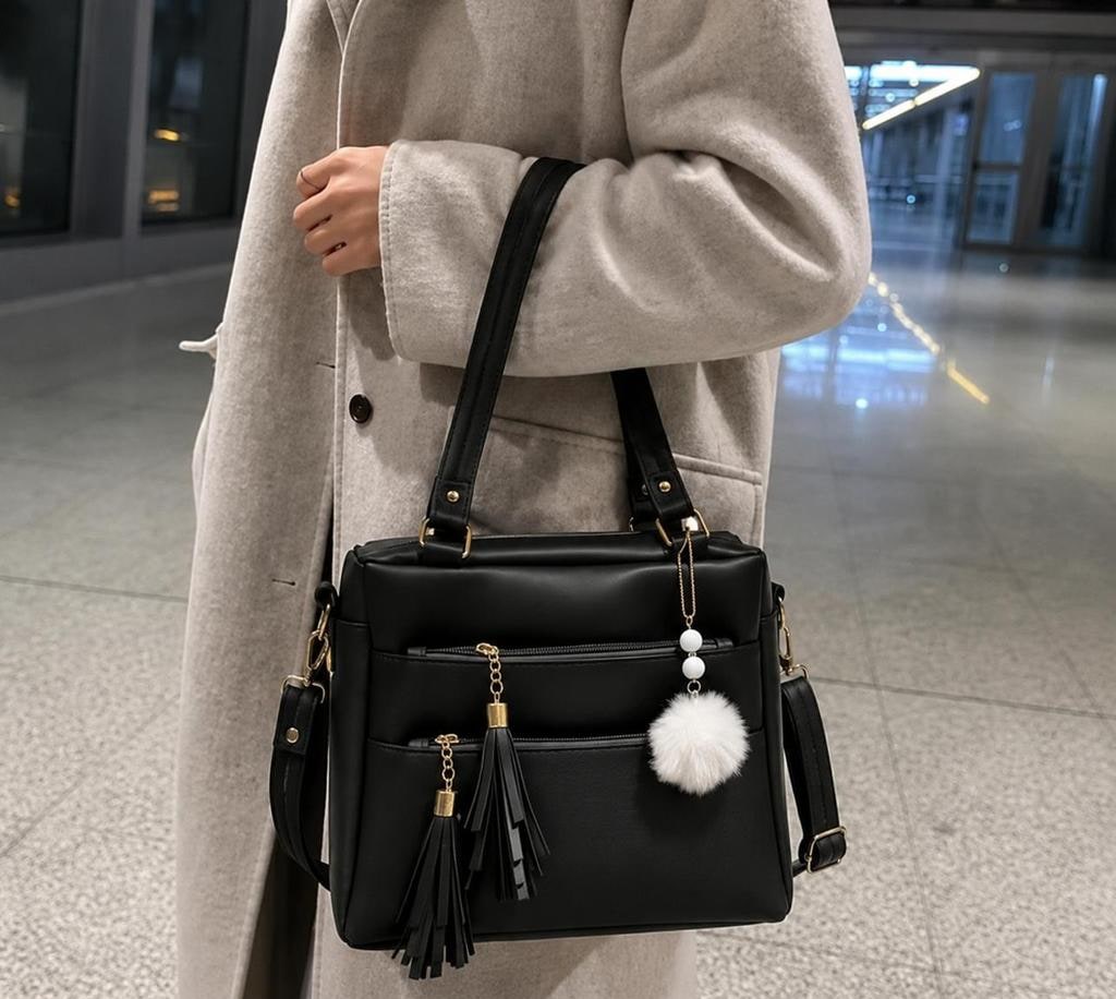 Black PU Handbag With Tassel and Fur Ball