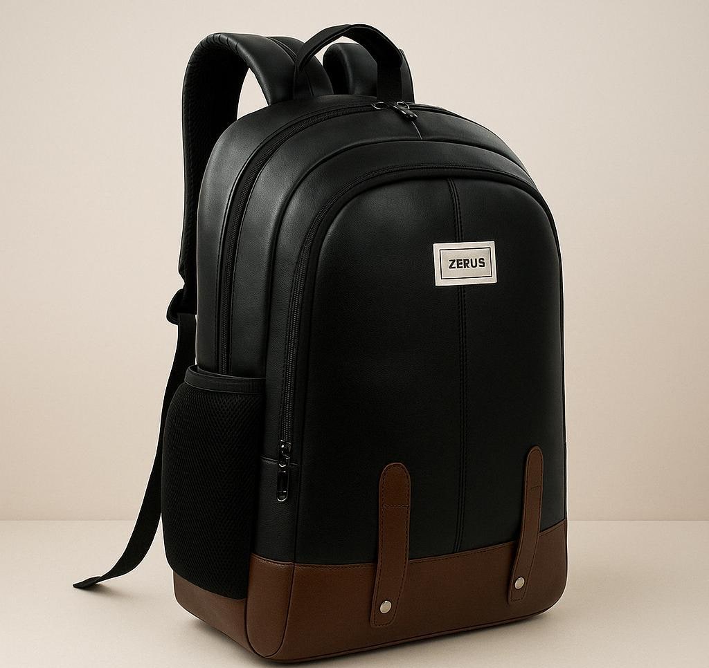 Black PU Leather Laptop Backpack, 15.6 in