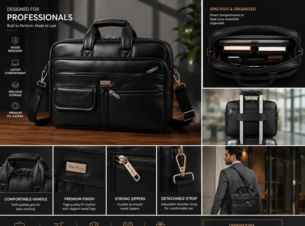 Black PU Leather Laptop Briefcase with Trolley Strap