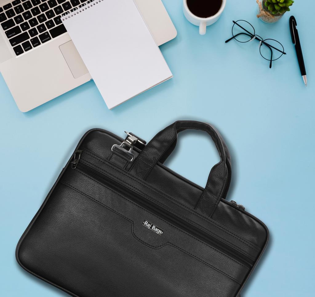 Black Synthetic Leather Executive Laptop Briefcase 15.6 Inch