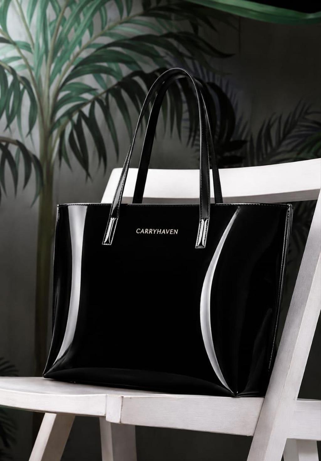 Black Synthetic Leather Zip Tote Bag