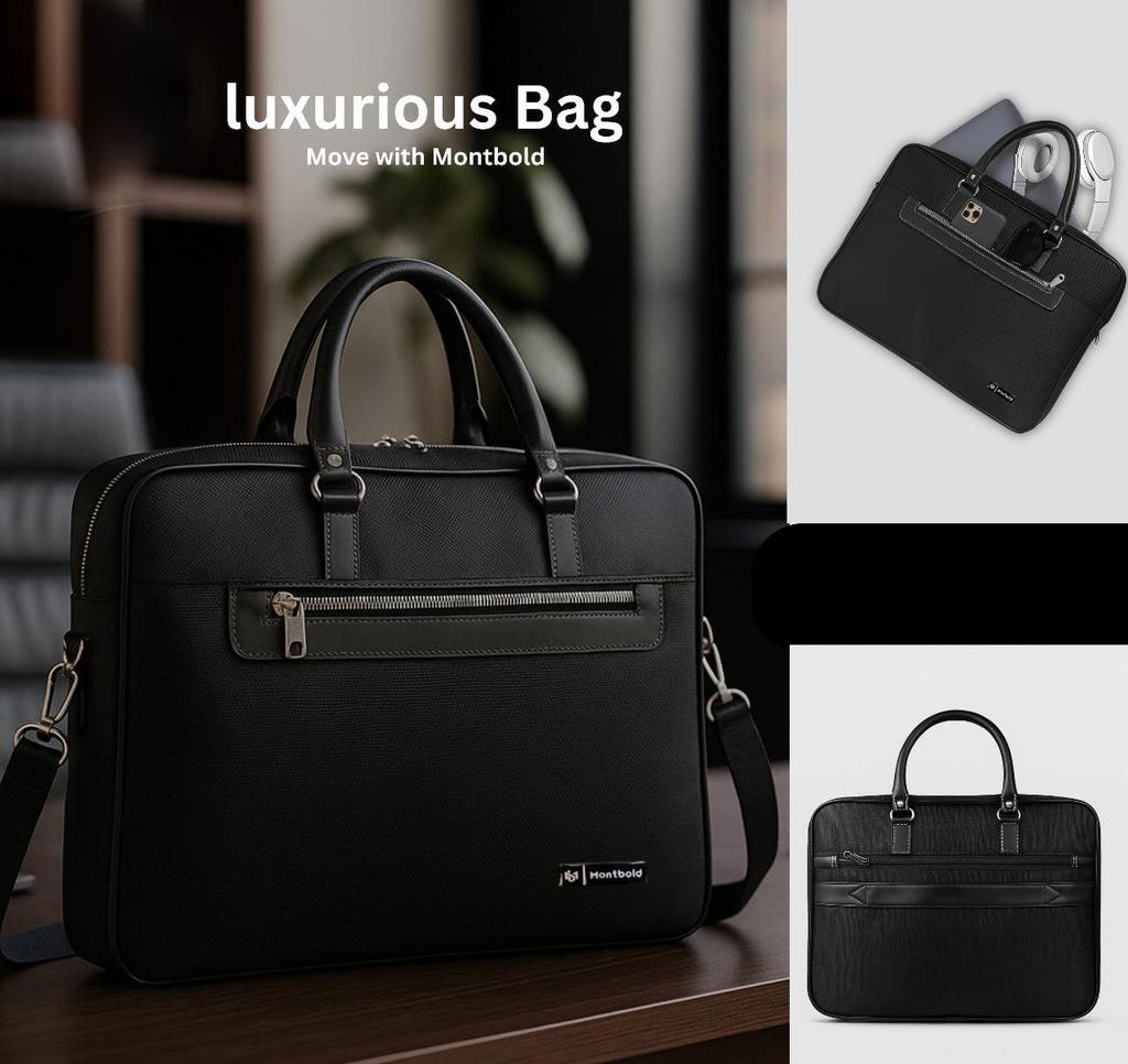Black Textured PU Leather Laptop Office Bag