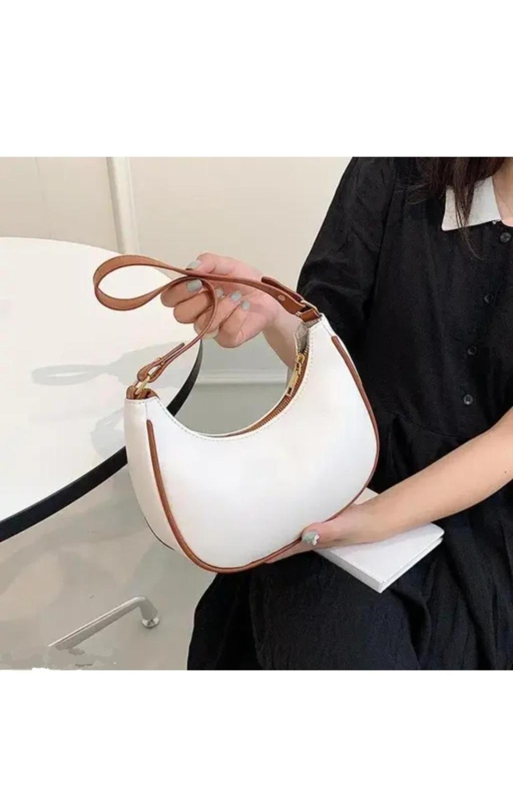 Brown and White PU Handbag