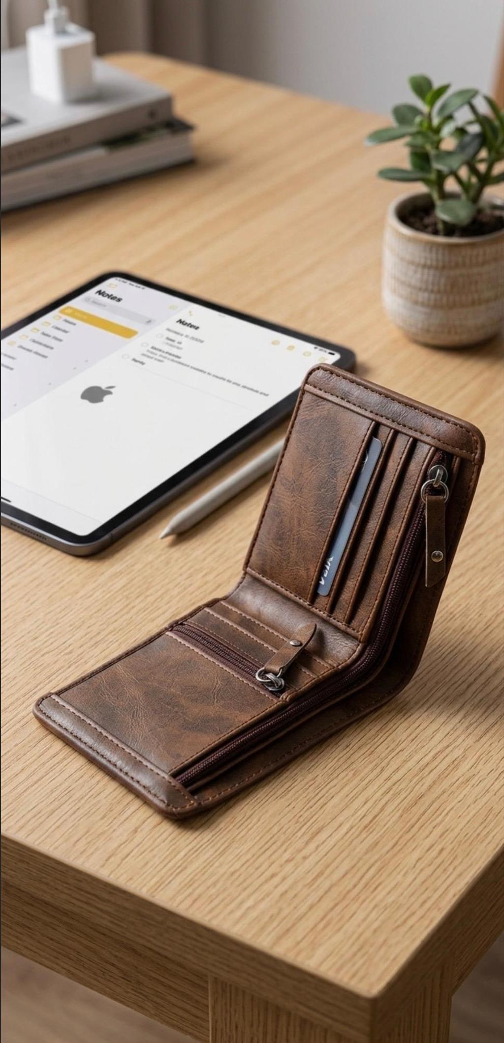 Brown Faux Leather Double-Zip Wallet, 5 Card Slots