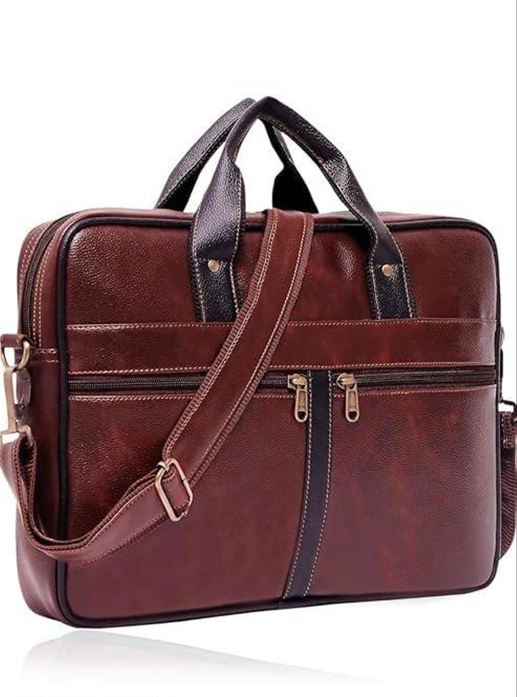 Brown Faux Leather Laptop Bag with 5 Compartments