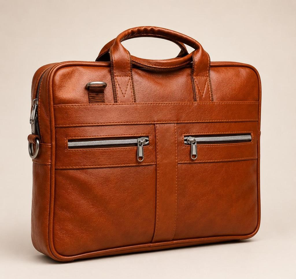 Brown Faux Leather Laptop Messenger Bag with Front Zips