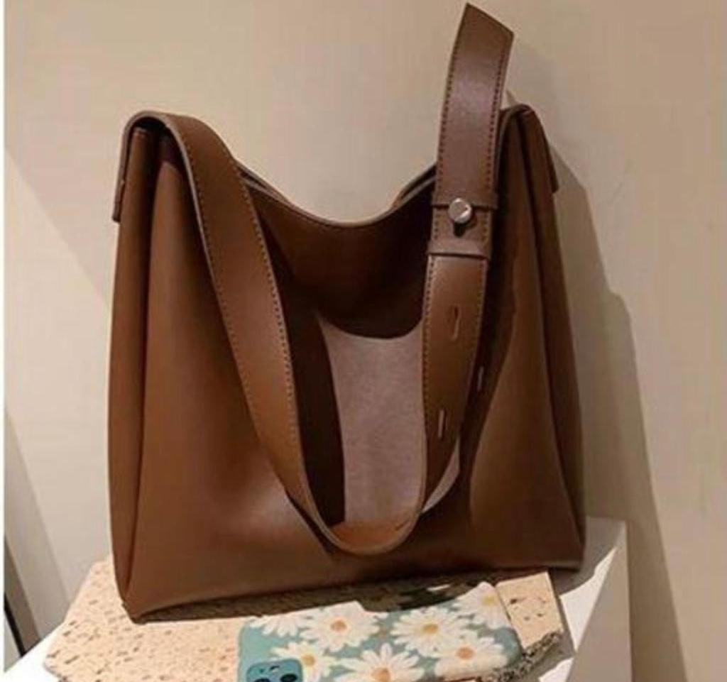 Brown Faux Leather Shoulder Tote Bag