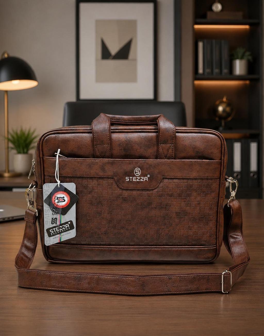 Brown PU Leather Dual-Compartment Laptop Bag 16 Inch