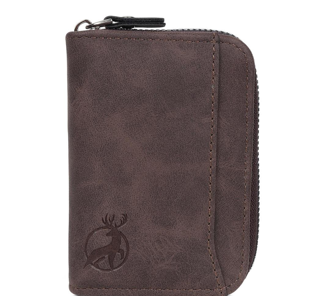 Brown PU Leather Zip Card Holder, 9 Slots