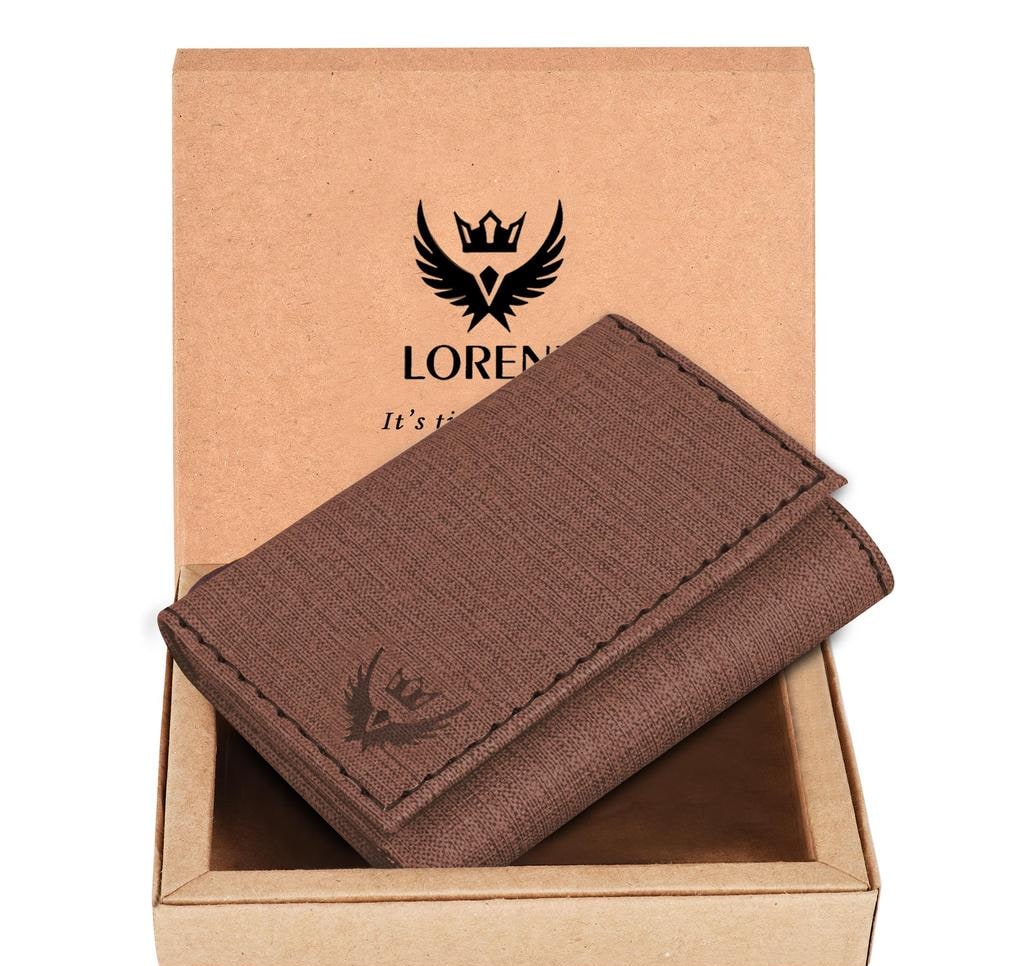 Brown Textured Fabric Trifold Wallet, 6 Card Slots