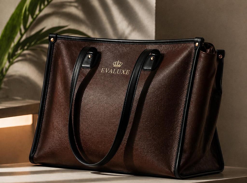 Brown Textured Work Tote with Contrast Handles