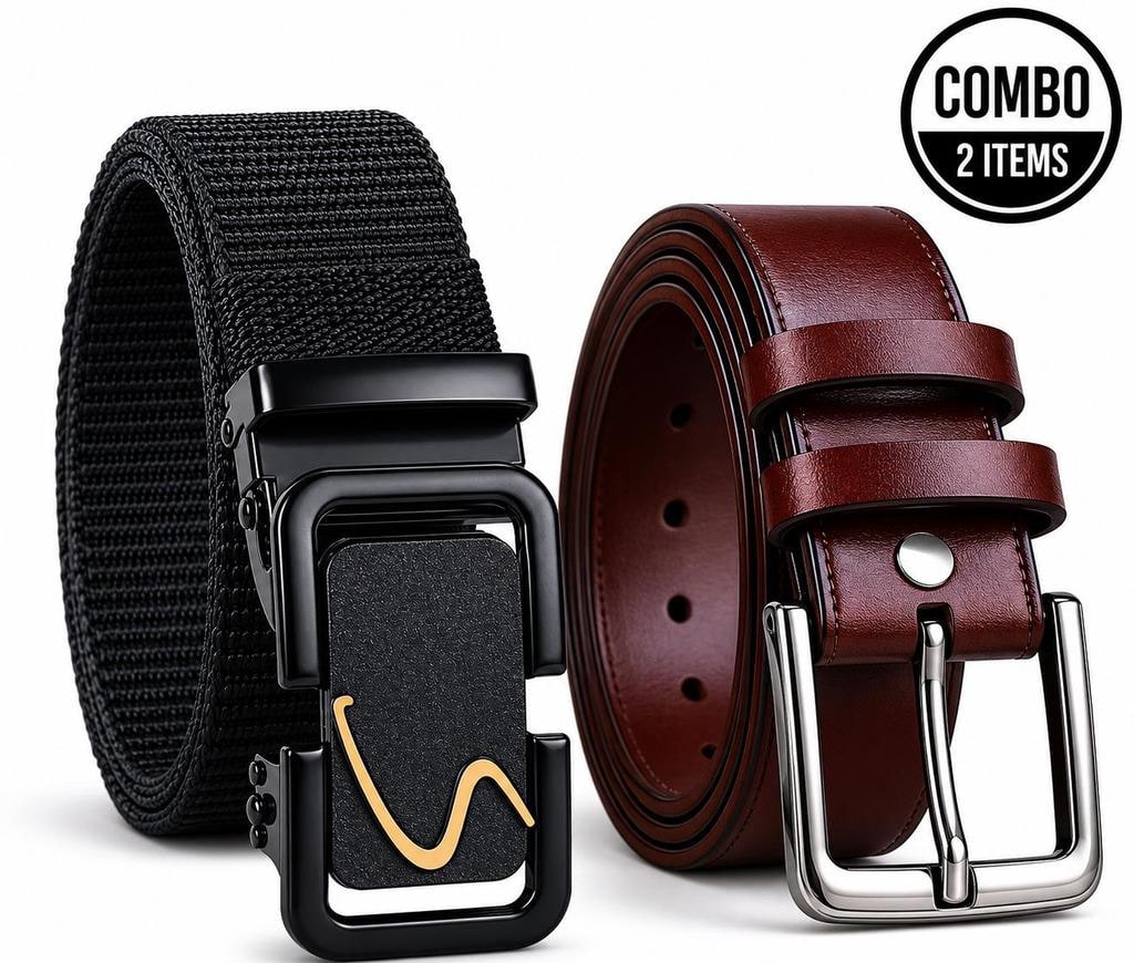 Canvas and Leather Belt Combo, Pack of 2 (28-42 in)