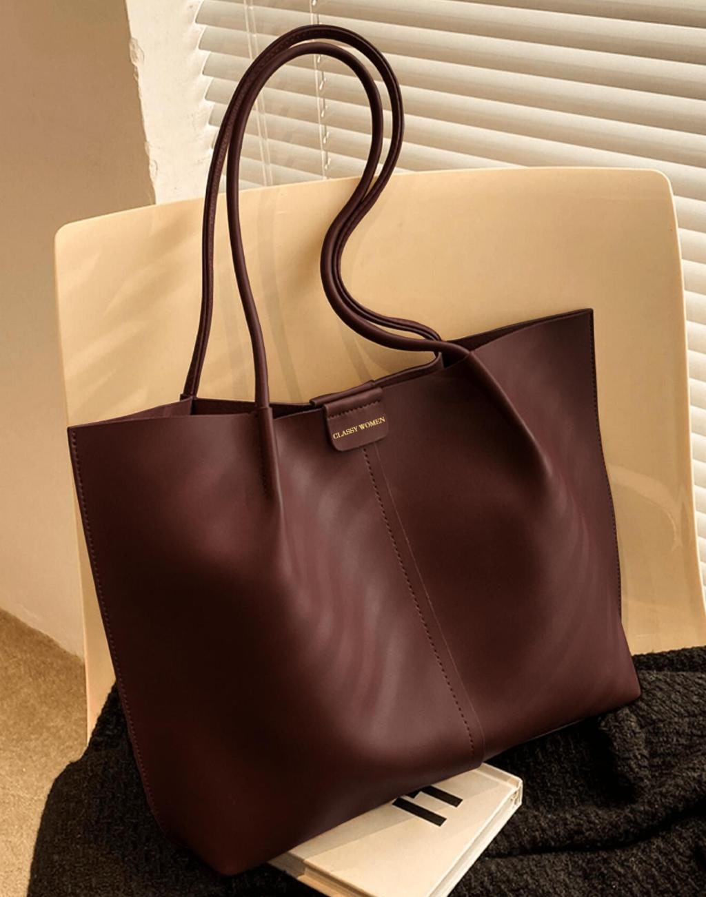 Coffee Brown Faux Leather Round-Handle Tote