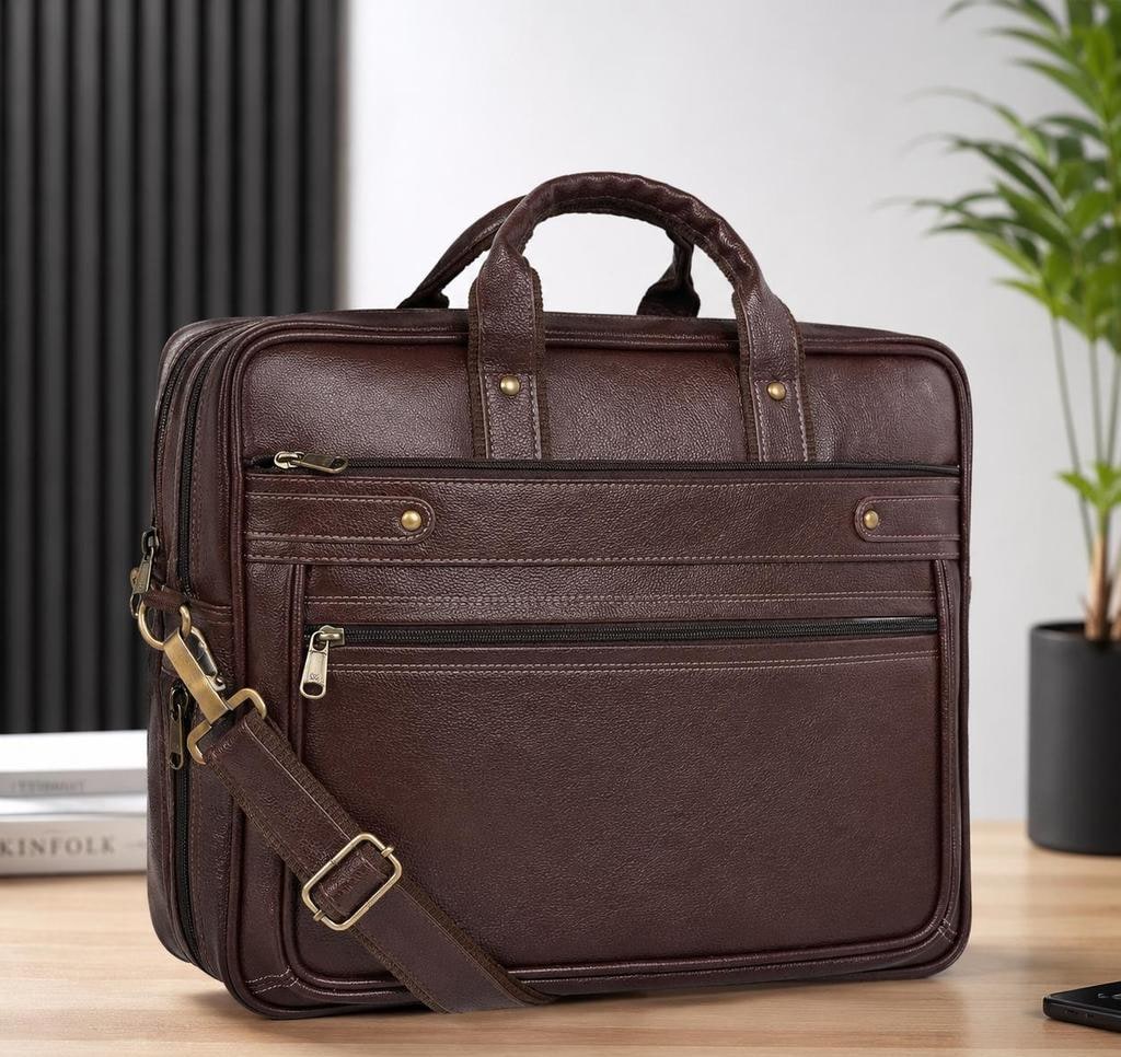 Faux Leather Laptop Messenger Bag, Multi-Zip
