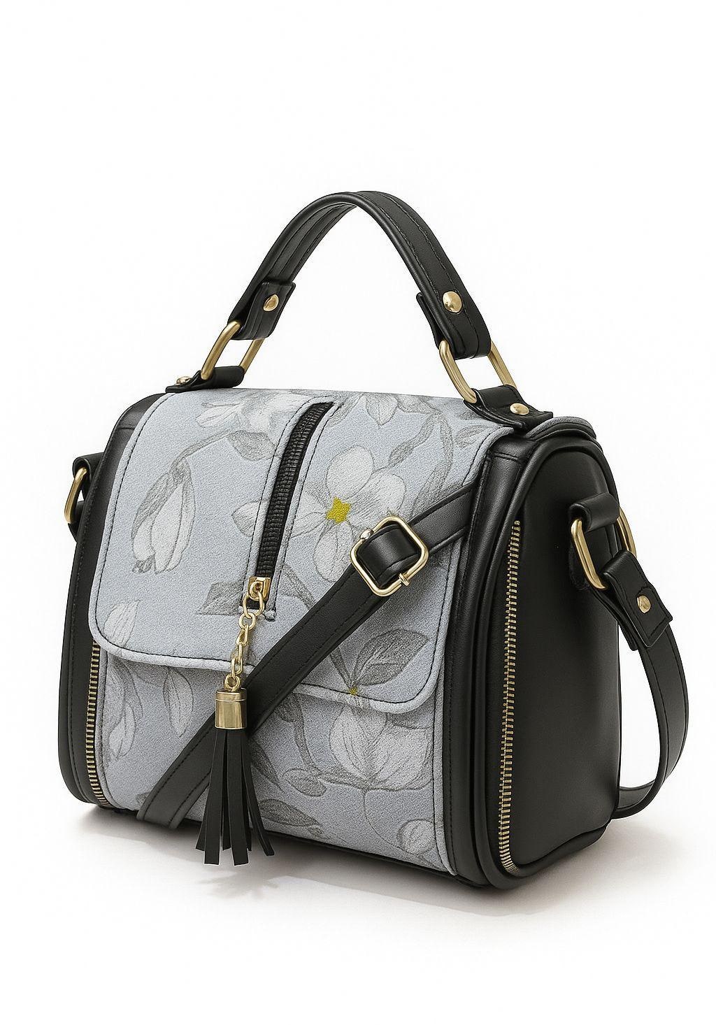 Floral Print Canvas Crossbody Bag, Beige and Black