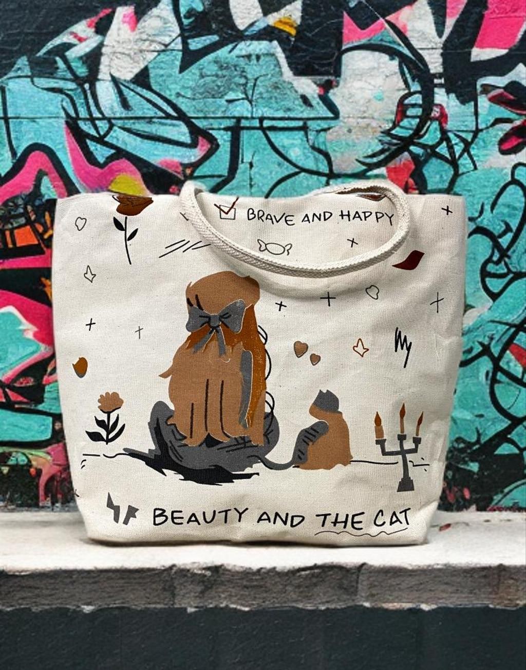 Girl in Park Print Canvas Tote with Studded Handles