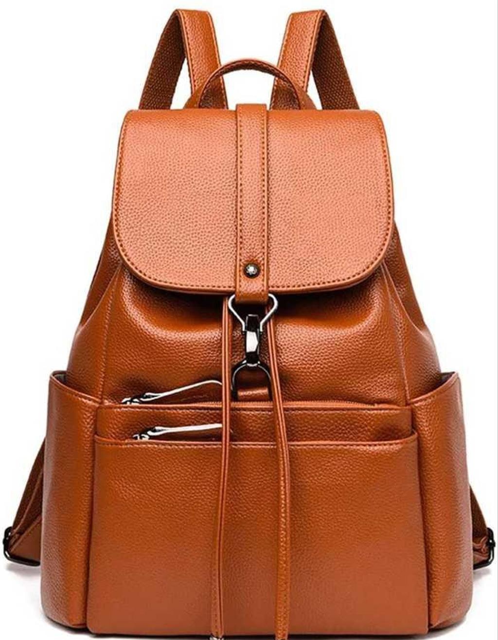 Khaki PU Backpack With Front Pocket