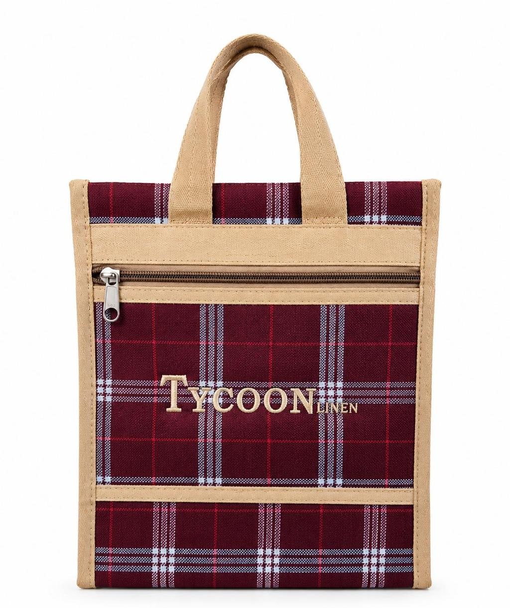 Maroon Checked Tote Bag with Front Zip Pocket
