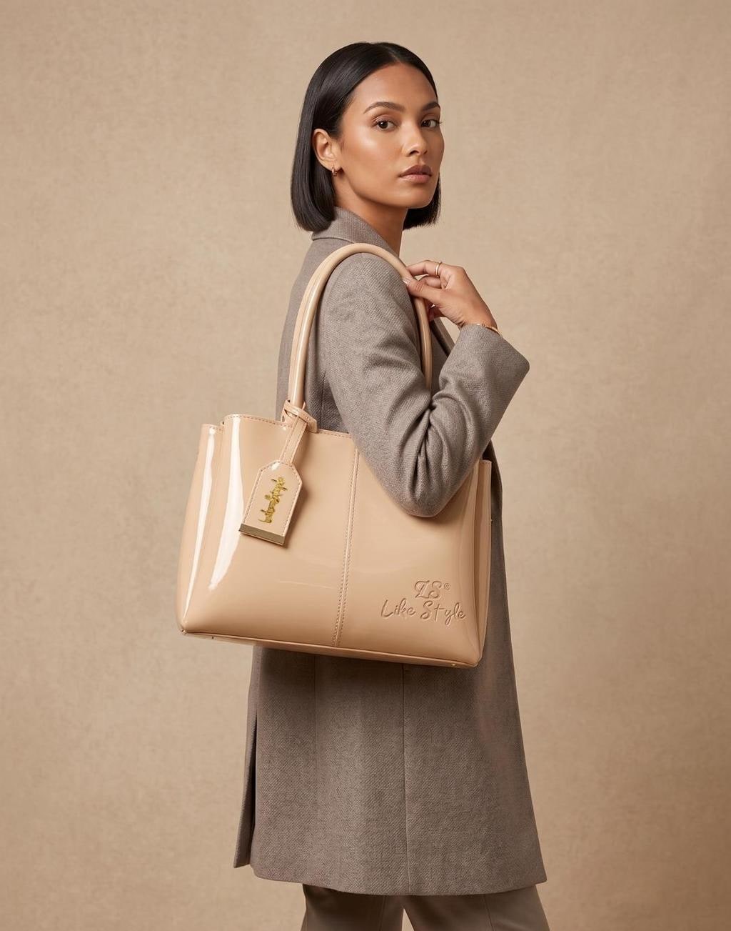 Patent Finish Tote Bag with 3 Compartments