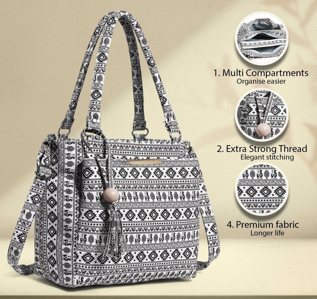 Printed Fabric Handbag with 4 Compartments