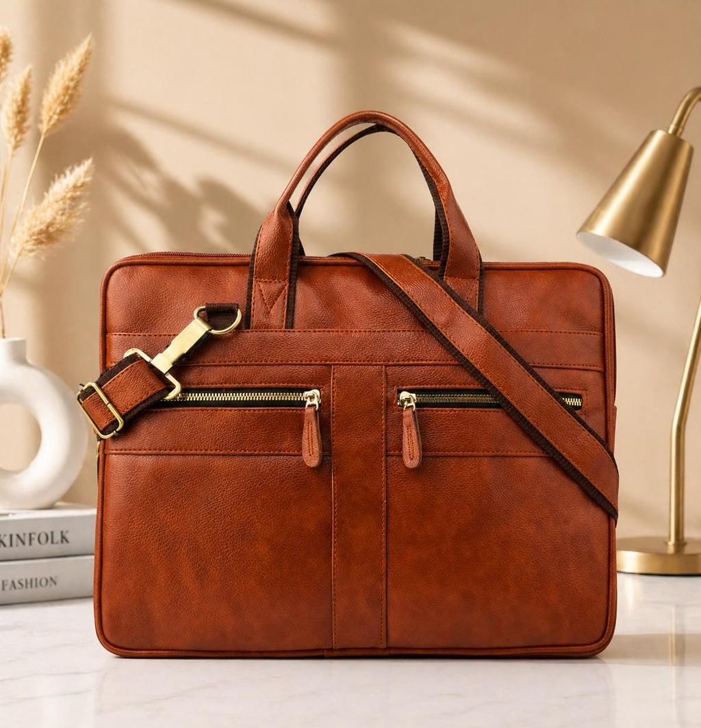 PU Leather Office Laptop Bag with Gold-Tone Zips