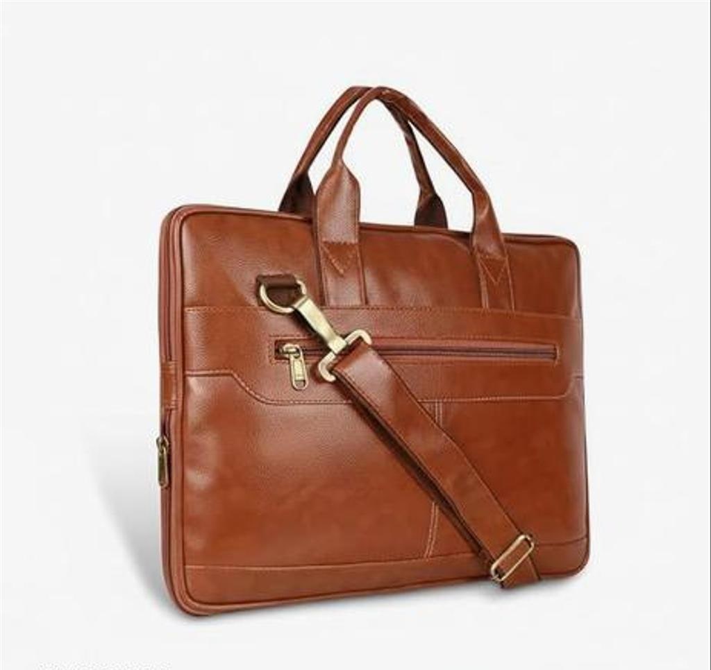 Tan PU Leather Laptop Briefcase with Gold-Tone Hardware