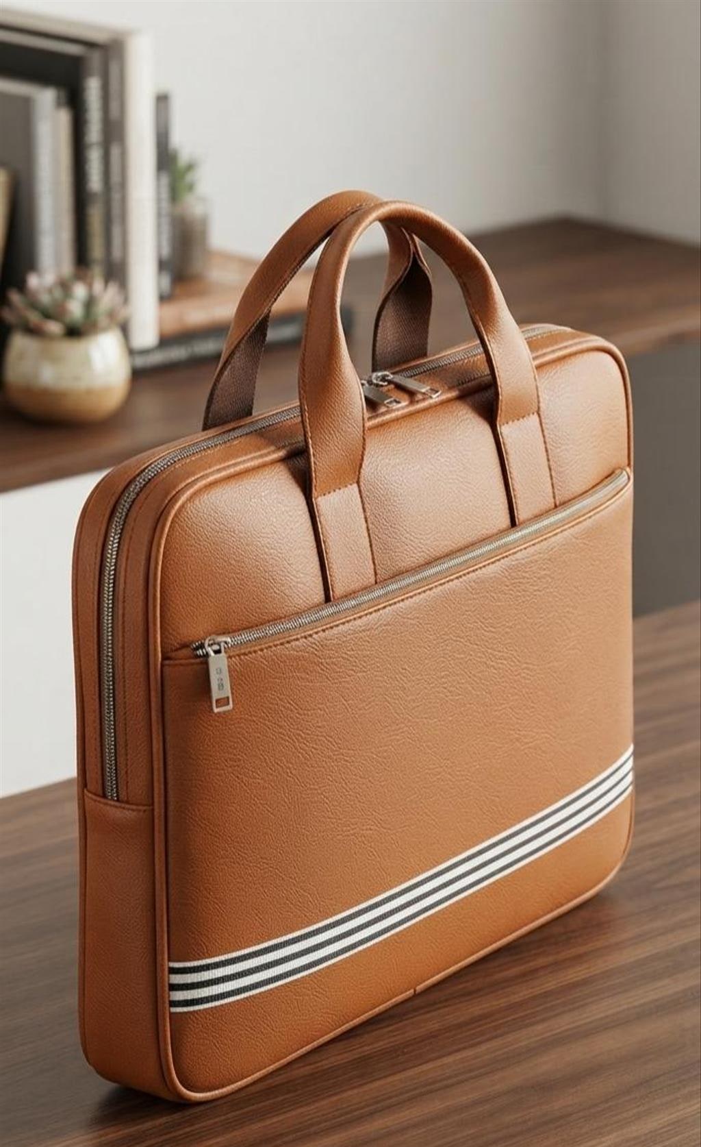 Tan PU Leather Laptop Briefcase with Stripe Detail