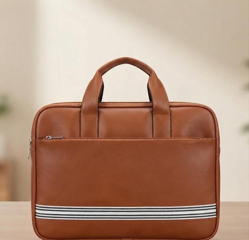 Tan PU Leather Office Laptop Bag with Front Pocket