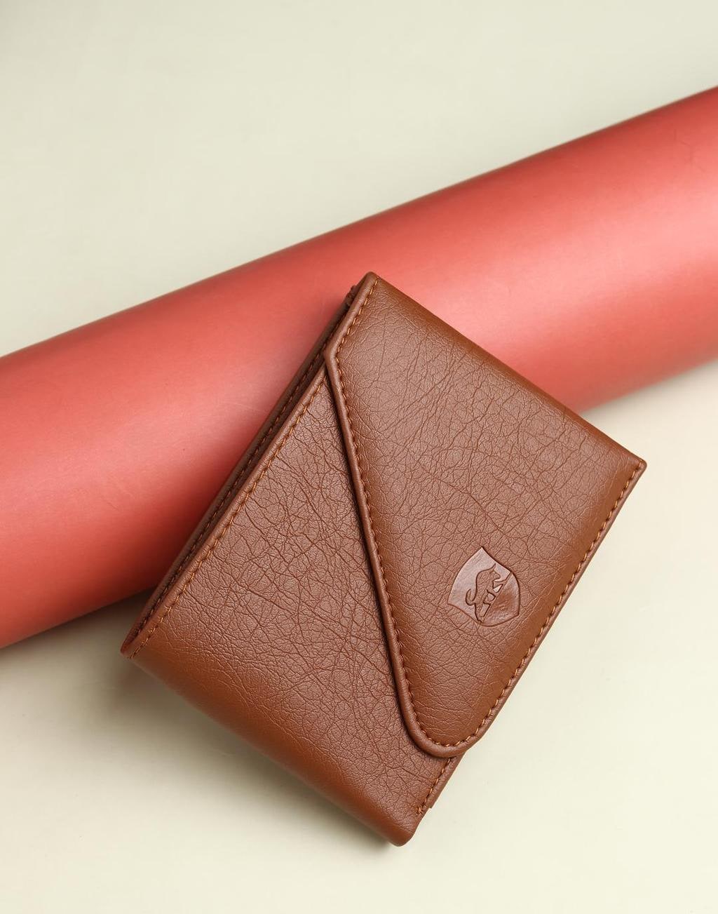 Tan Triangle-Edge PU Leather Wallet, 5 Card Slots