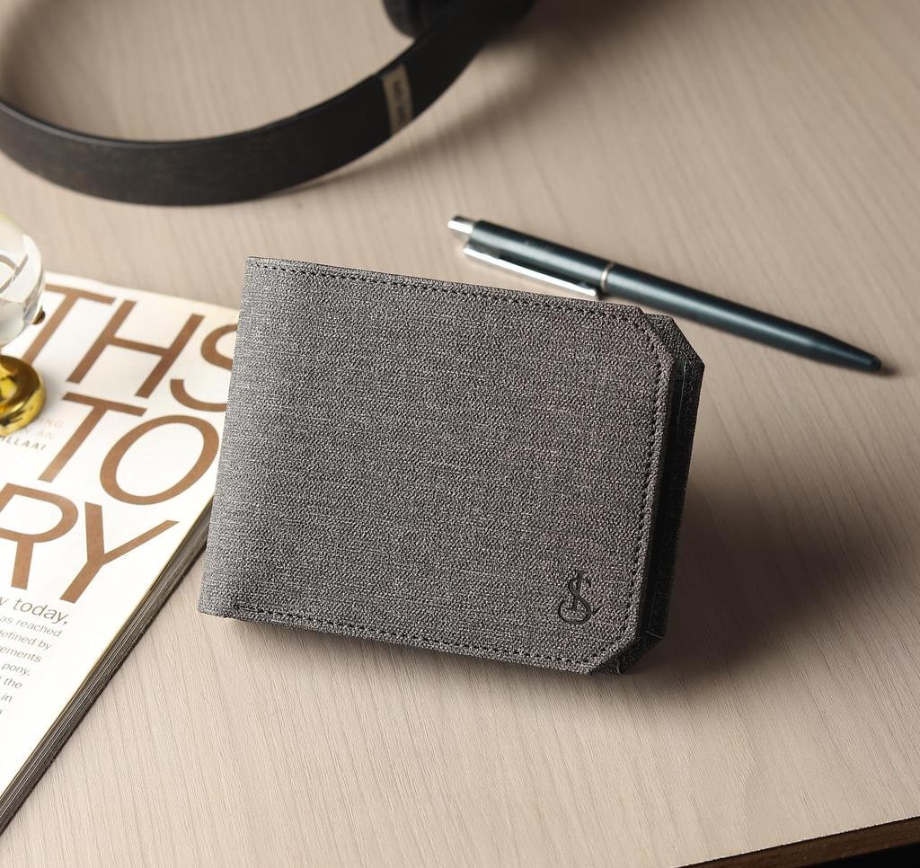 Textured Fabric Bi-Fold Wallet with Green Lining