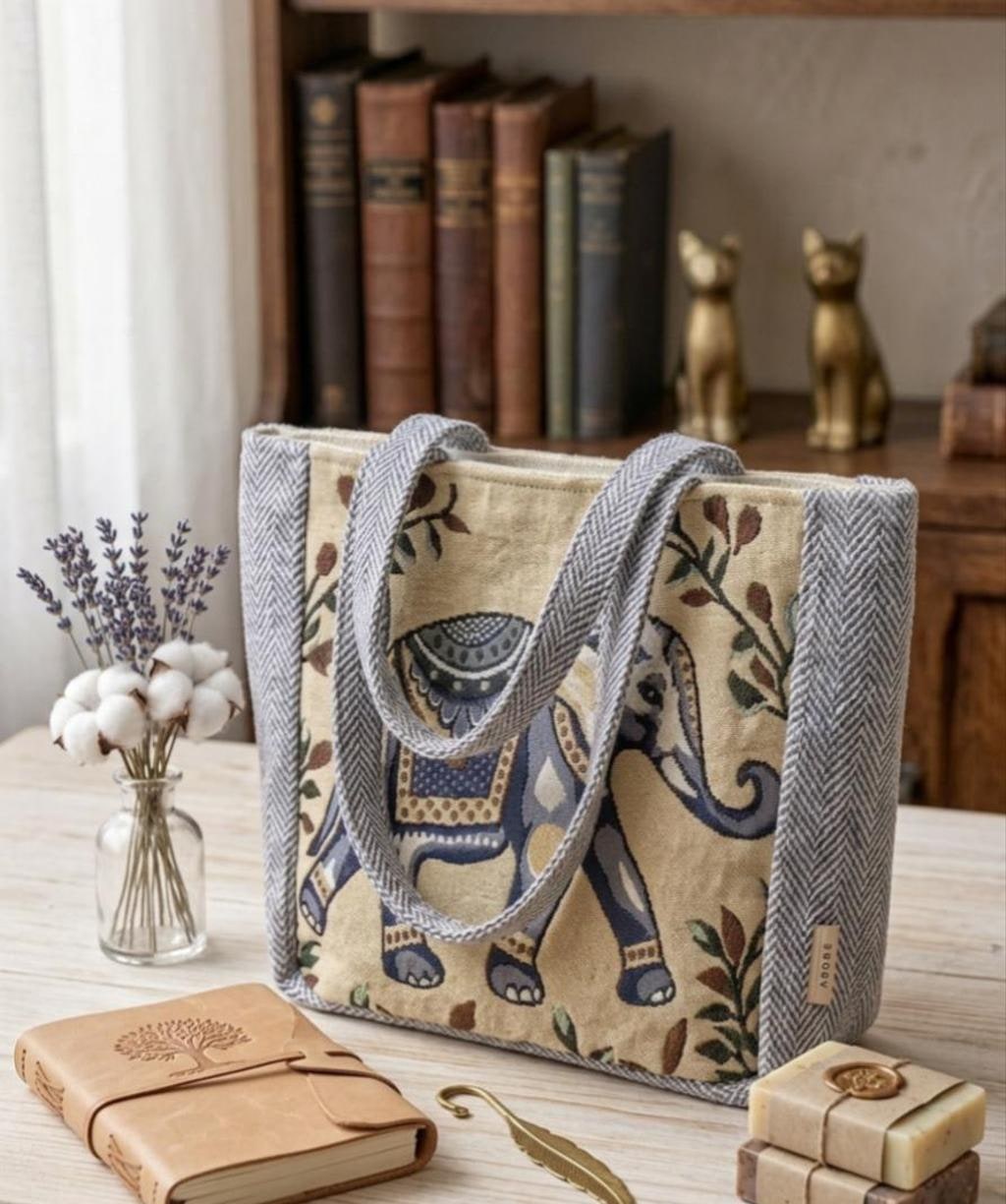 Vintage Elephant Print Linen-Look Tote Bag