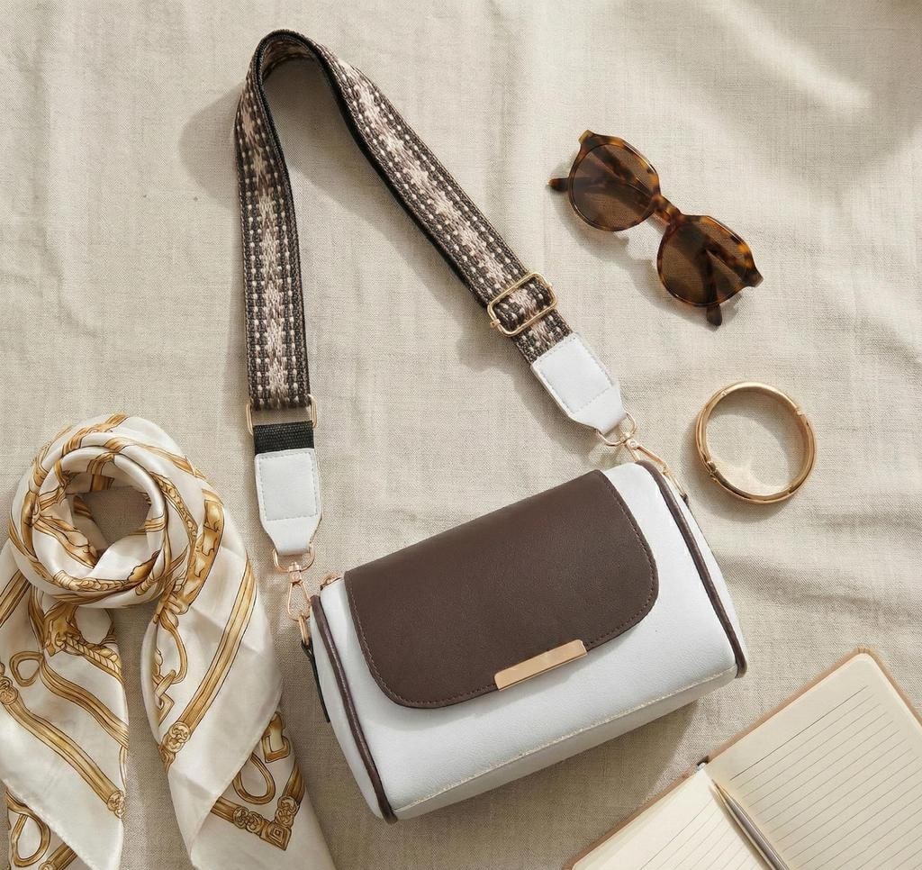 White and Brown Contrast PU Sling Bag