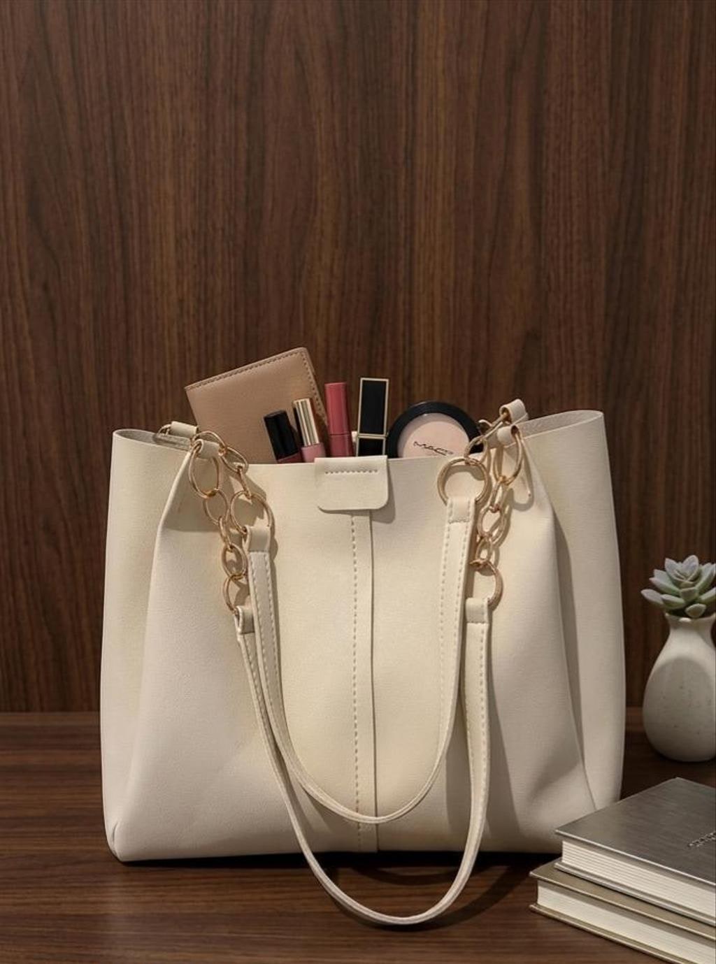White Faux Leather Tote with Gold Chain Detail